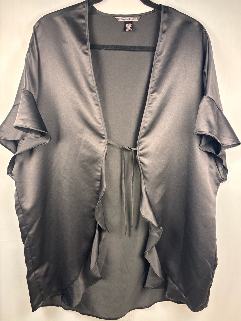 Victoria's Secret Black Satin Ruffle Robe Y2K Romantic One Size